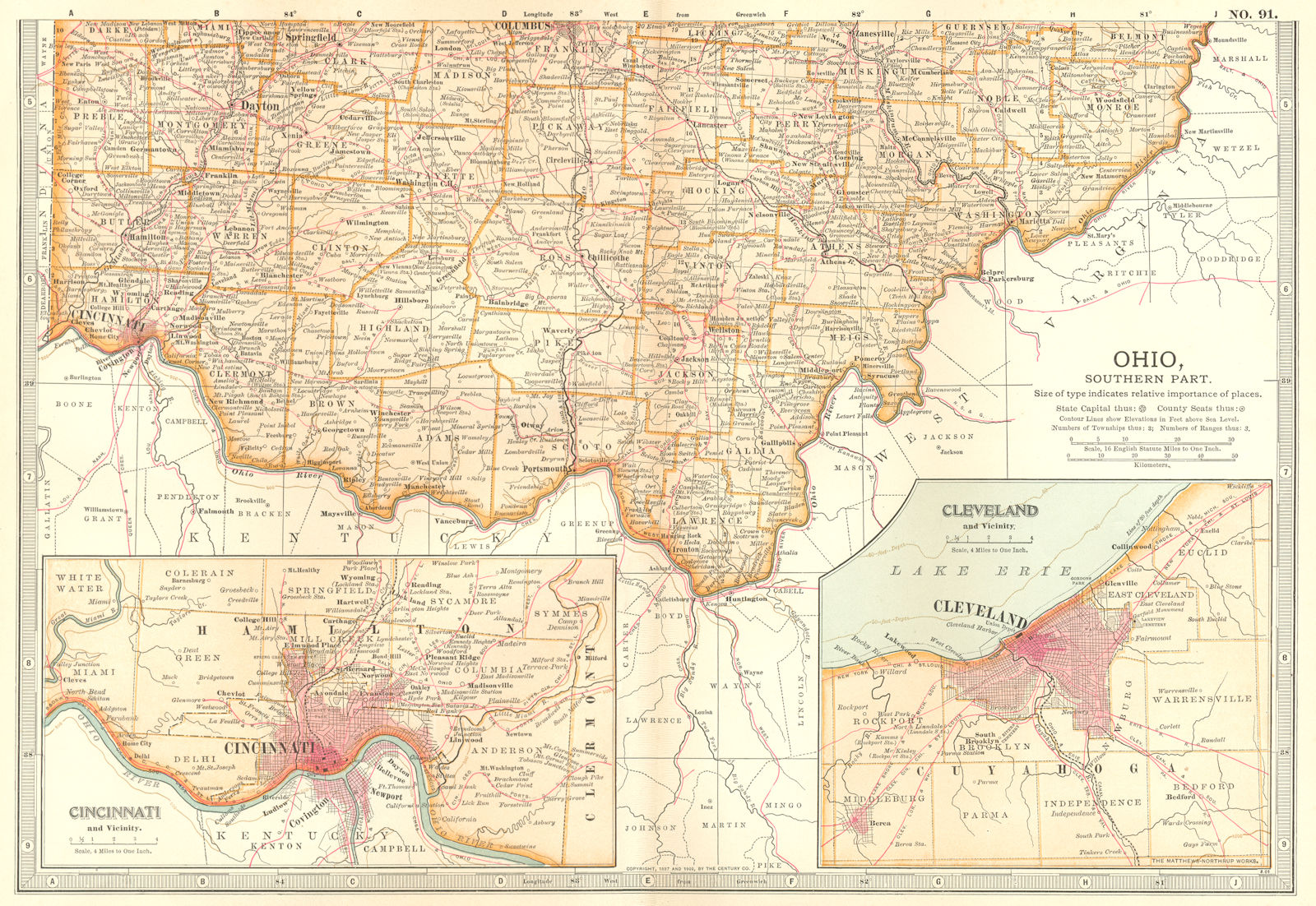 OHIO SOUTH. State map showing counties. Inset Cincinnati & Cleveland 1903