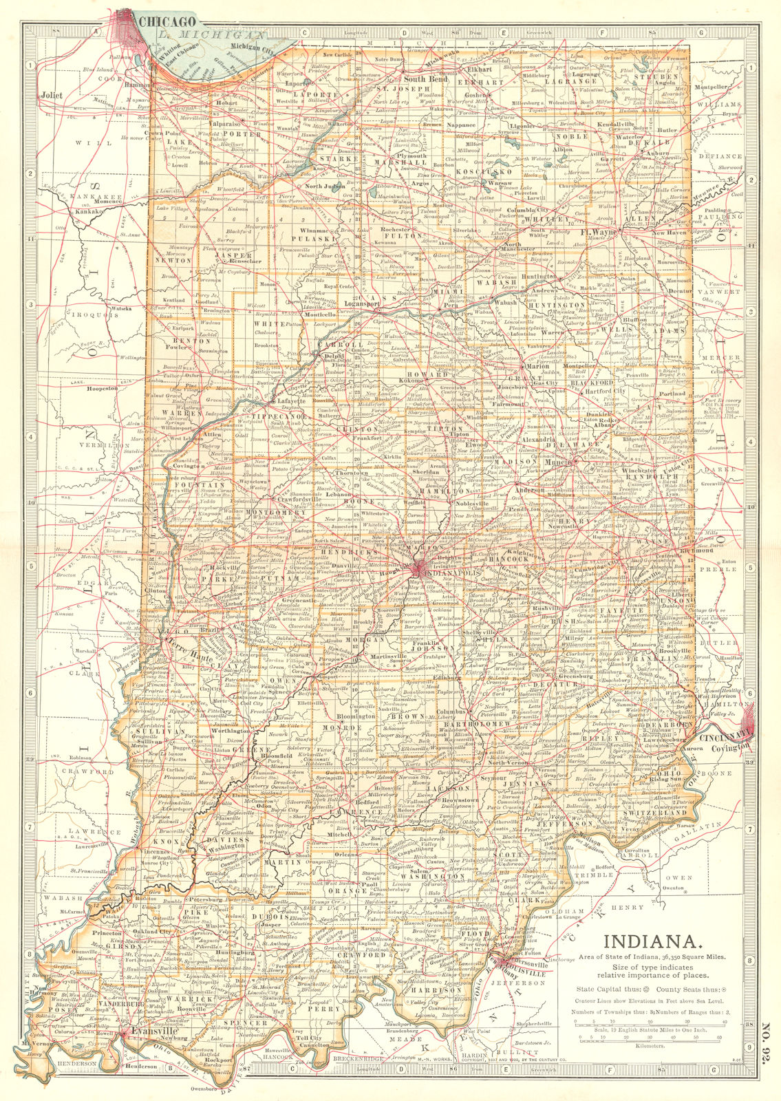 INDIANA. state map showing counties & some battlefields/dates 1903 old