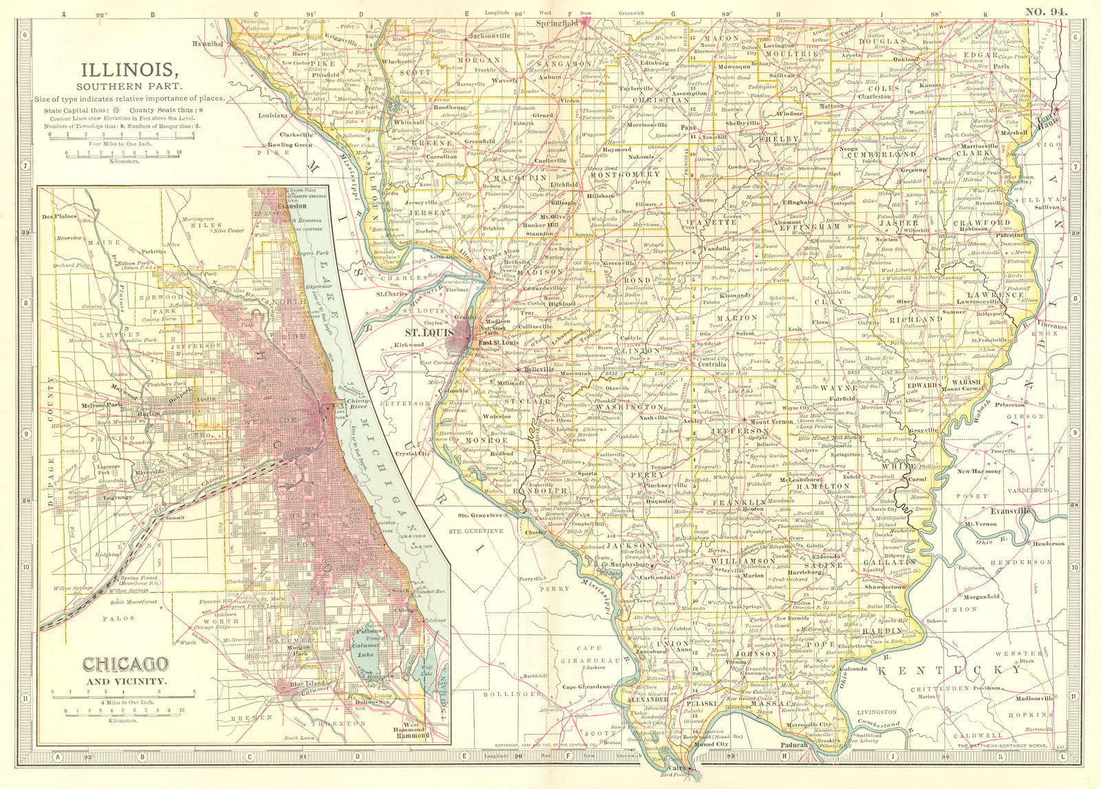 ILLINOIS SOUTH. Showing counties. Inset Chicago & area. Britannica. 1903 map