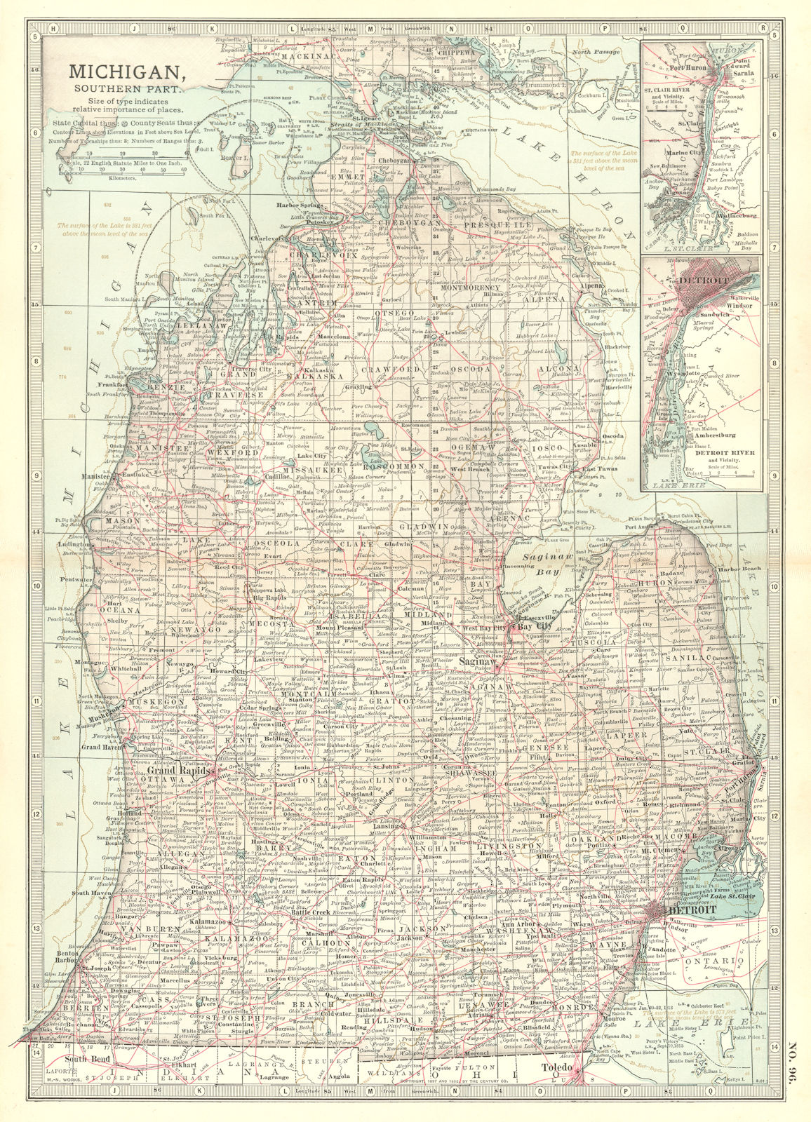 Associate Product MICHIGAN. South; Inset Detroit, St Clair River 1903 old antique map plan chart