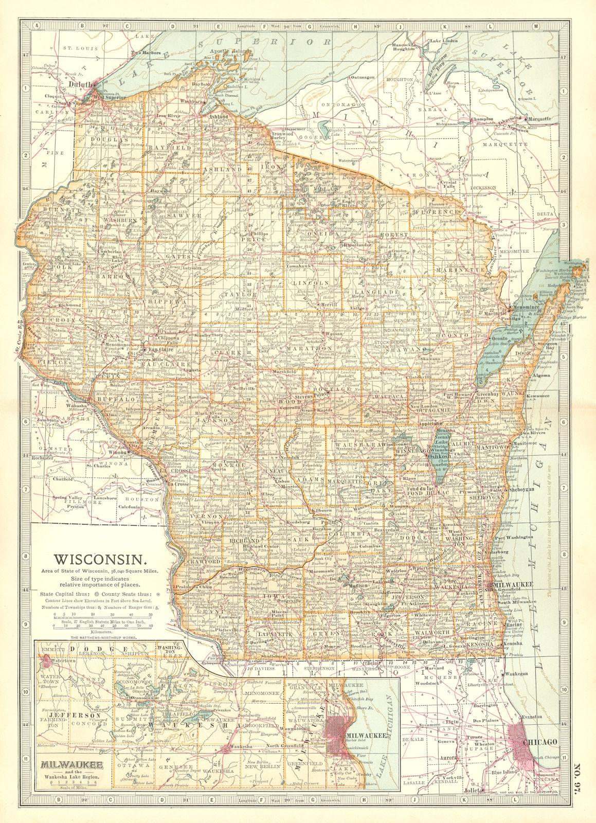 WISCONSIN. Counties. Indian reservations. Milwaukee & Waukesha Lakes 1903 map