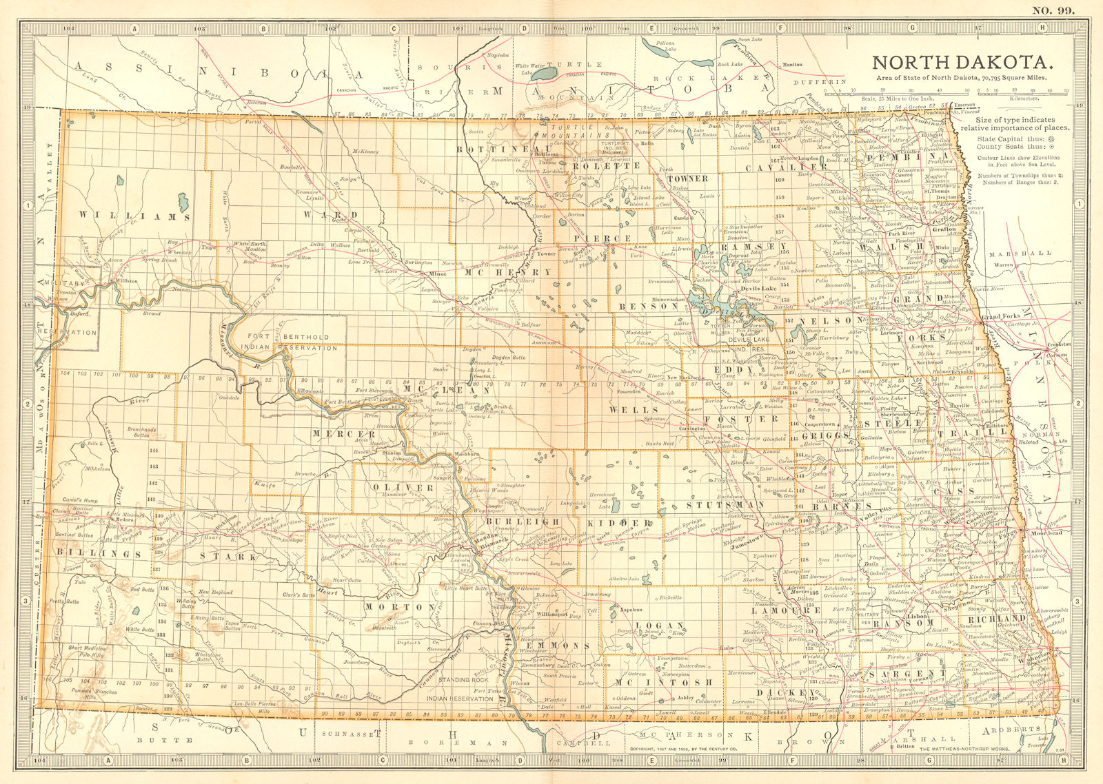 NORTH DAKOTA. State map.Shows counties & Indian reservations.Britannica 1903