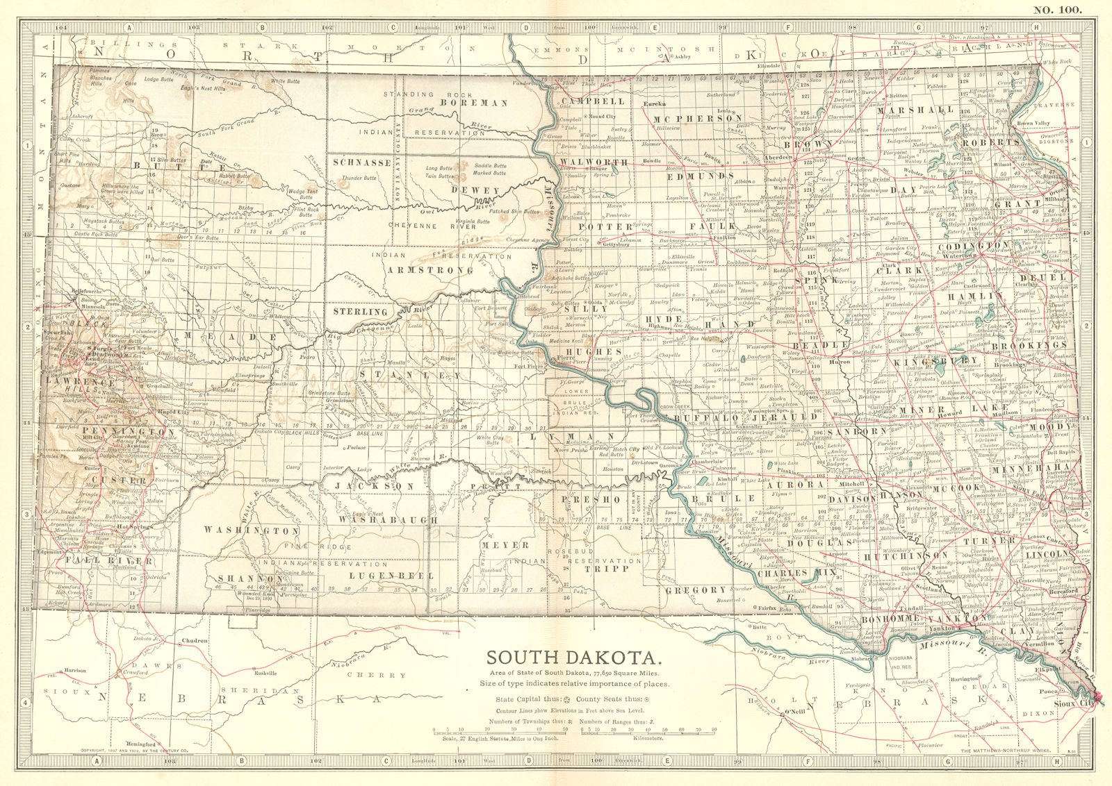 SOUTH DAKOTA. State map. Shows former counties & "not in any county" 1903