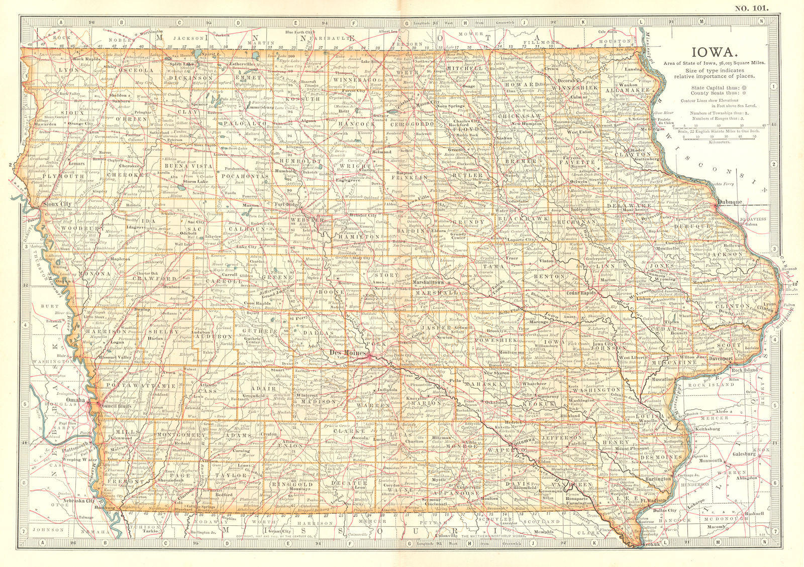IOWA. State map showing counties. Britannica 10th edition. 1903 old