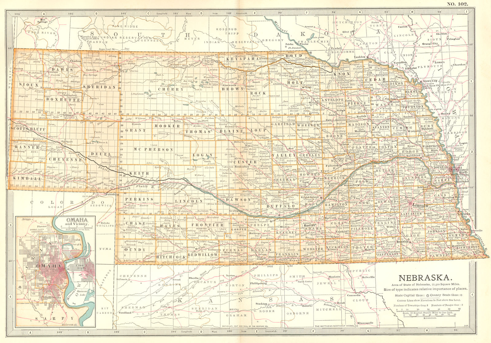 NEBRASKA. State map showing counties. Inset Omaha & area. Britannica 1903