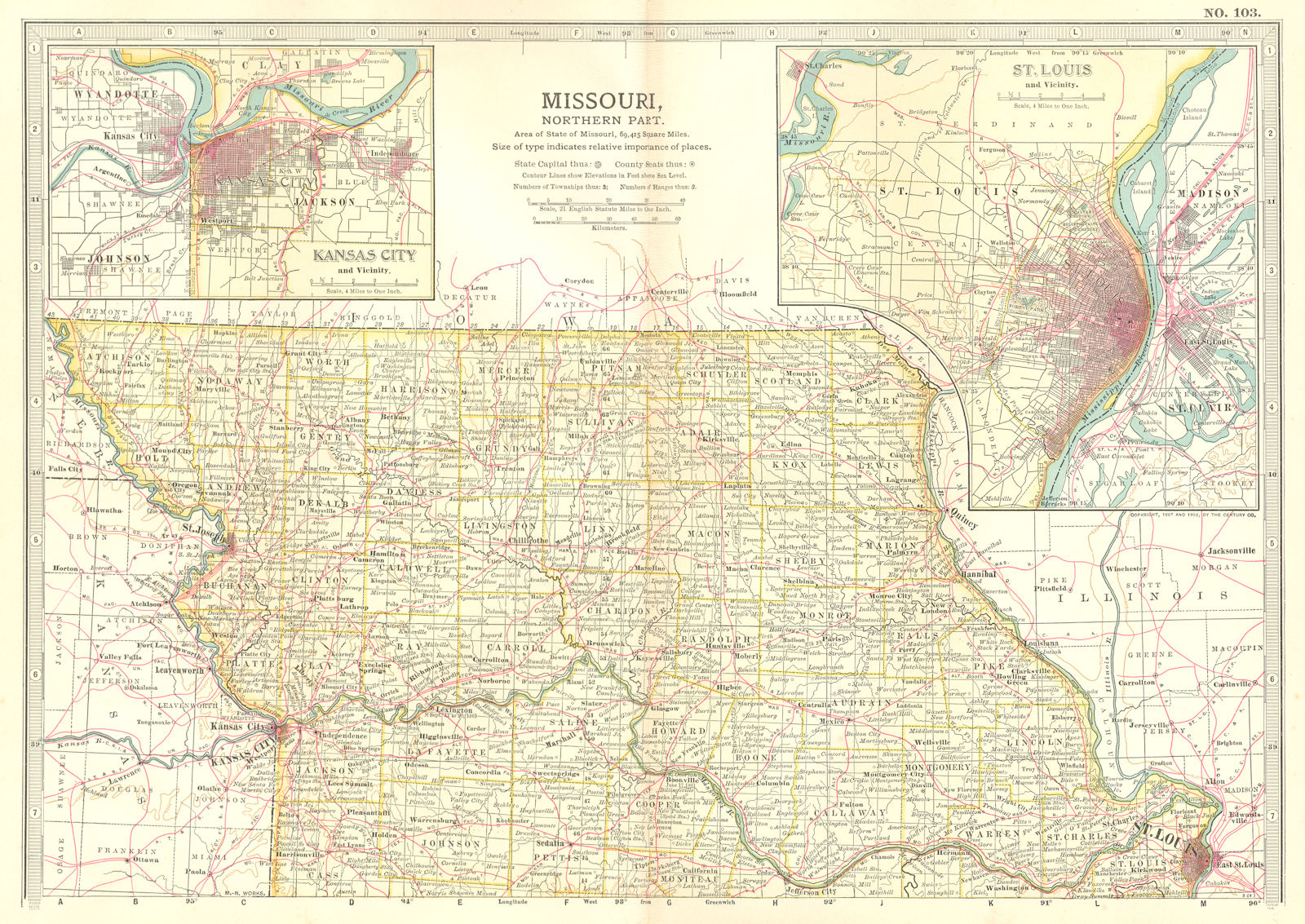 Associate Product MISSOURI NORTH. State map showing counties; Inset Kansas City, St Louis 1903