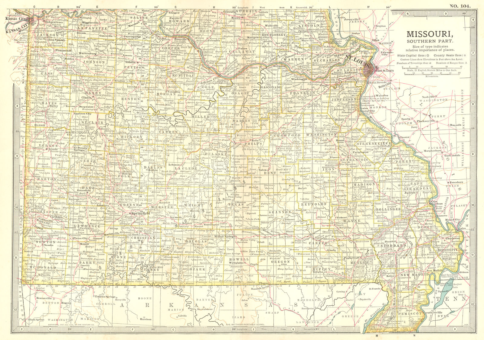 MISSOURI SOUTH. State map showing Civil War battlefields/dates.St Louis 1903