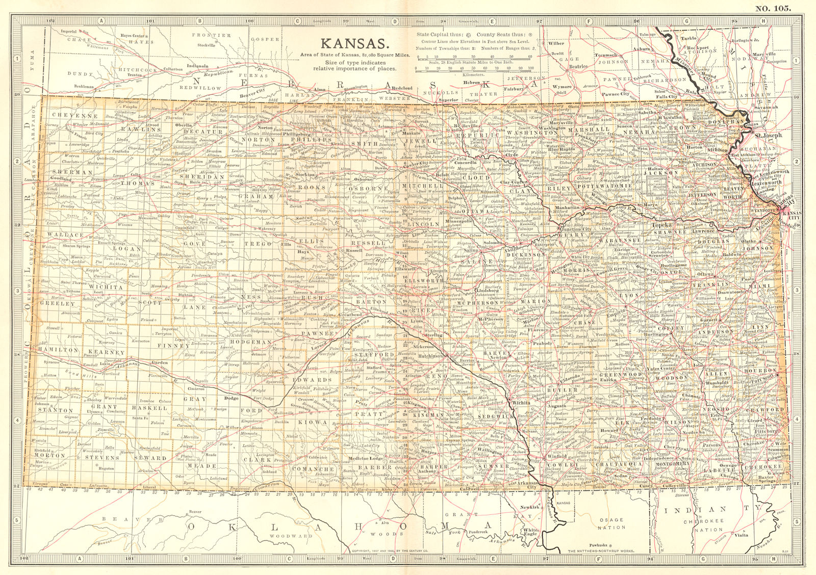 KANSAS. State map showing counties & Indian reservations. Britannica 1903
