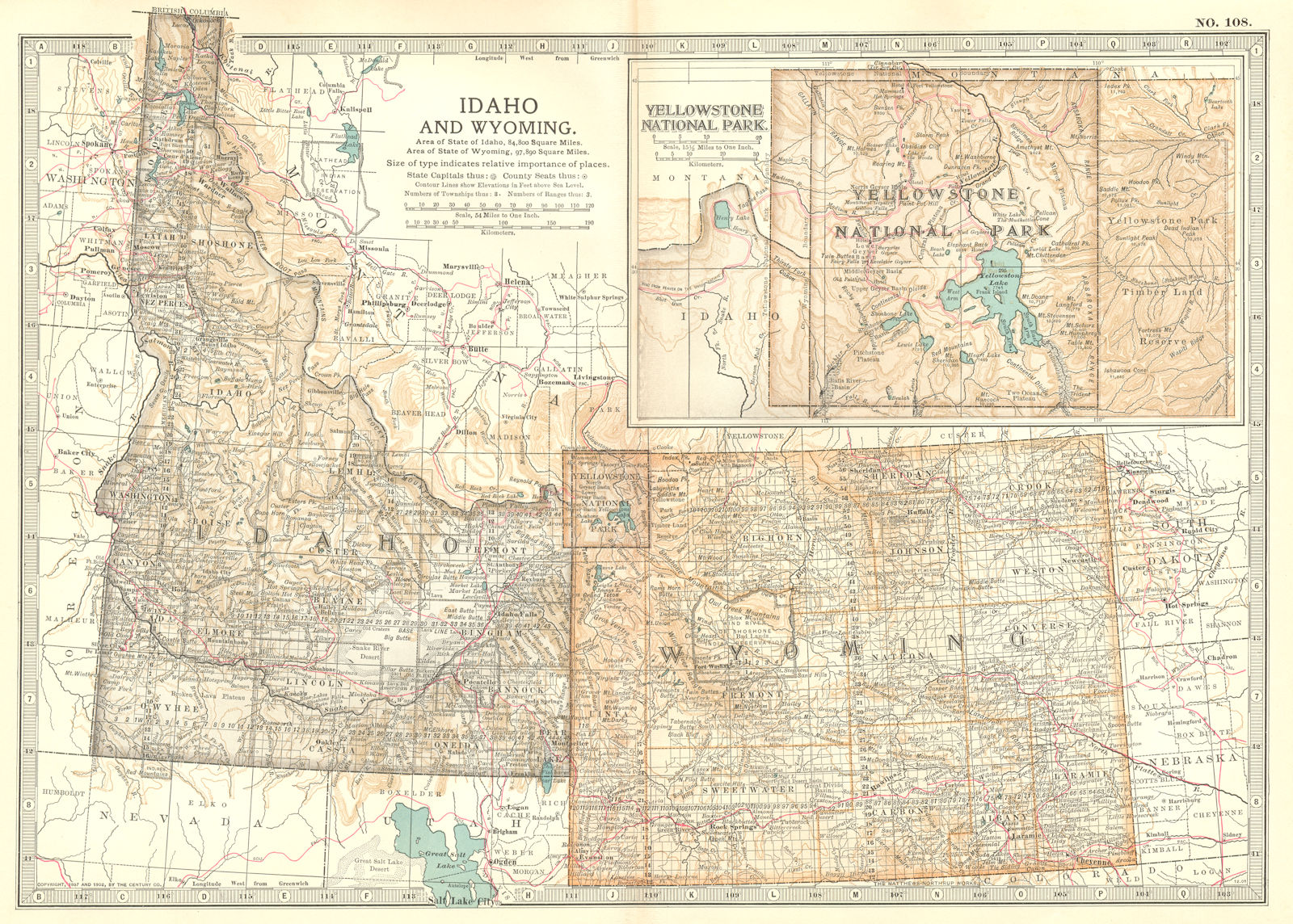 IDAHO & WYOMING. State map showing counties. Inset Yellowstone Park 1903