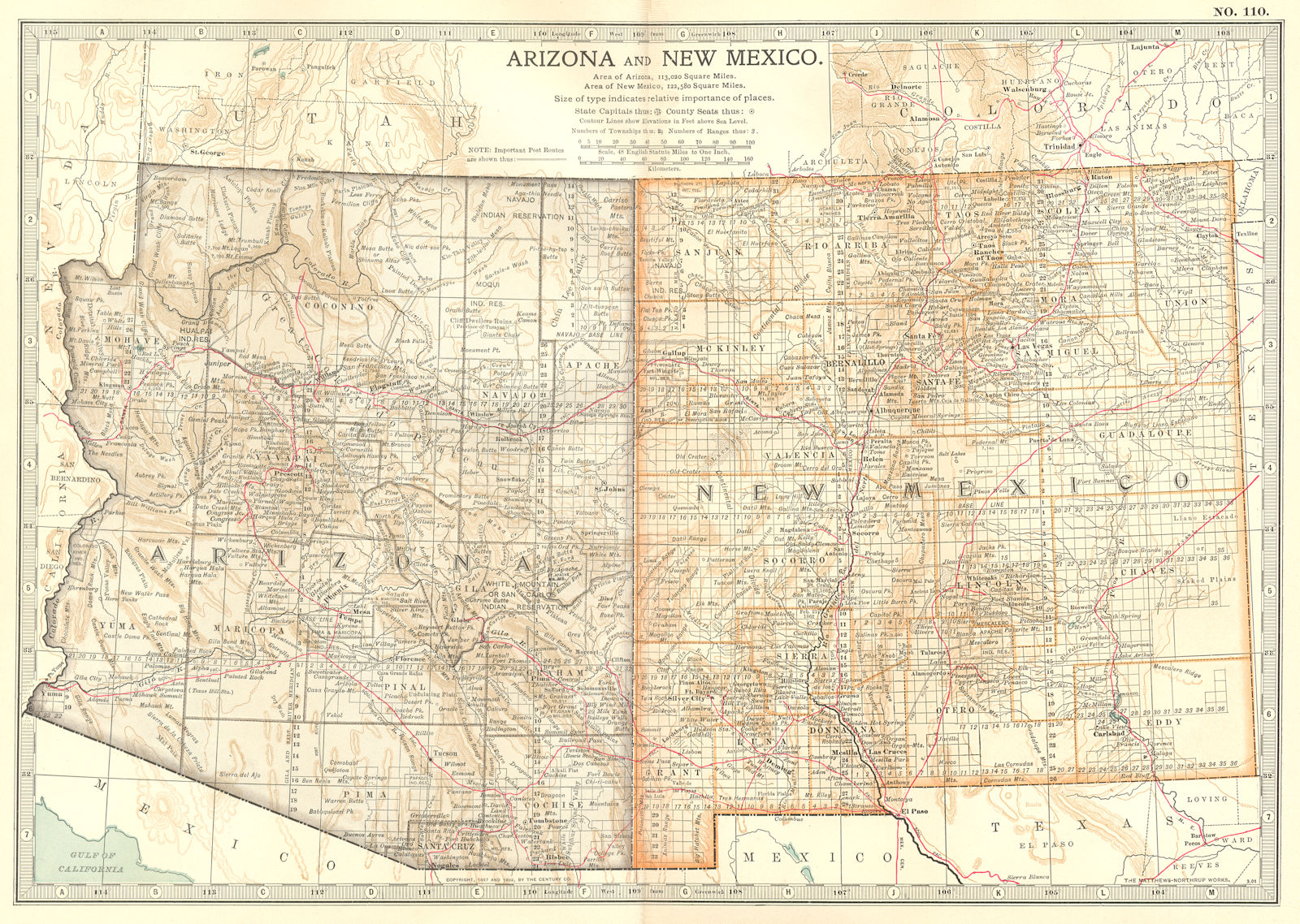 ARIZONA & NEW MEXICO. State map showing counties. Britannica 10th ed. 1903