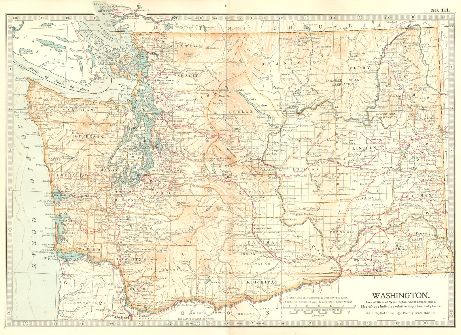 WASHINGTON STATE. Showing counties & Indian reservations. Britannica 1903 map