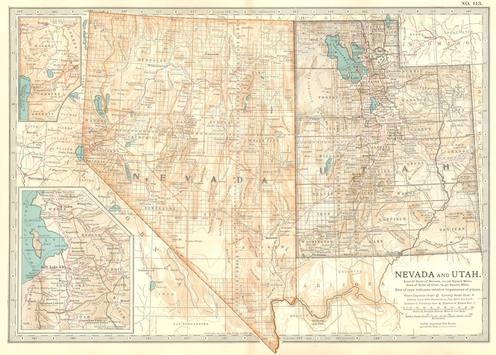 Associate Product NEVADA & UTAH. Inset Carson City, Salt Lake City. Counties.Britannica 1903 map