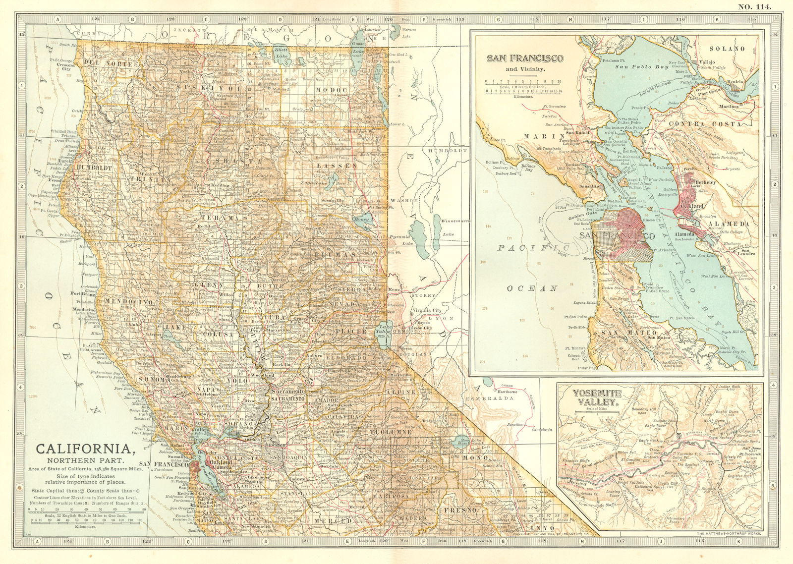 CALIFORNIA NORTH & SAN FRANCISCO BAY. Inset Yosemite valley. Counties 1903 map