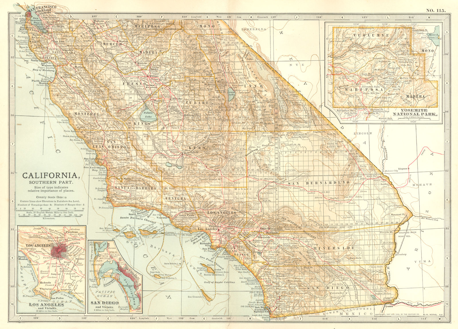 CALIFORNIA. South; Los Angeles, San Diego, Yosemite national park 1903 old map