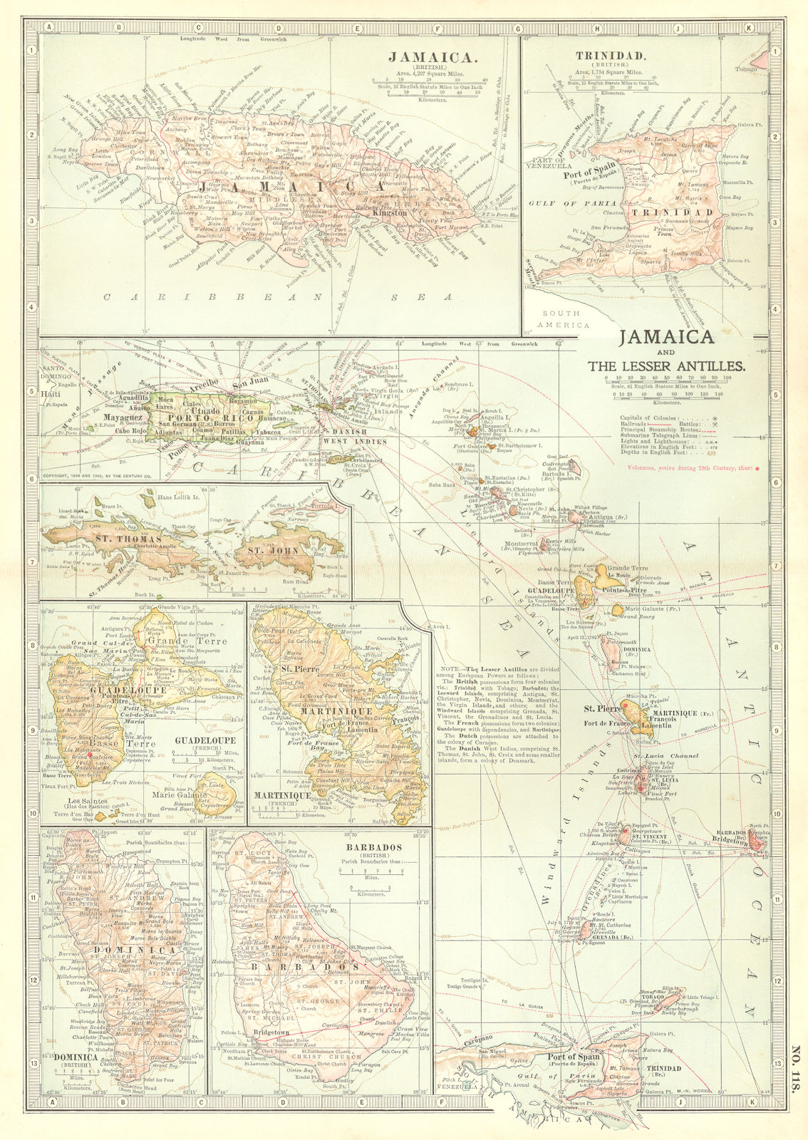 WEST INDIES. Jamaica Barbados BVIs Martinique Trinidad Guadeloupe 1903 old map