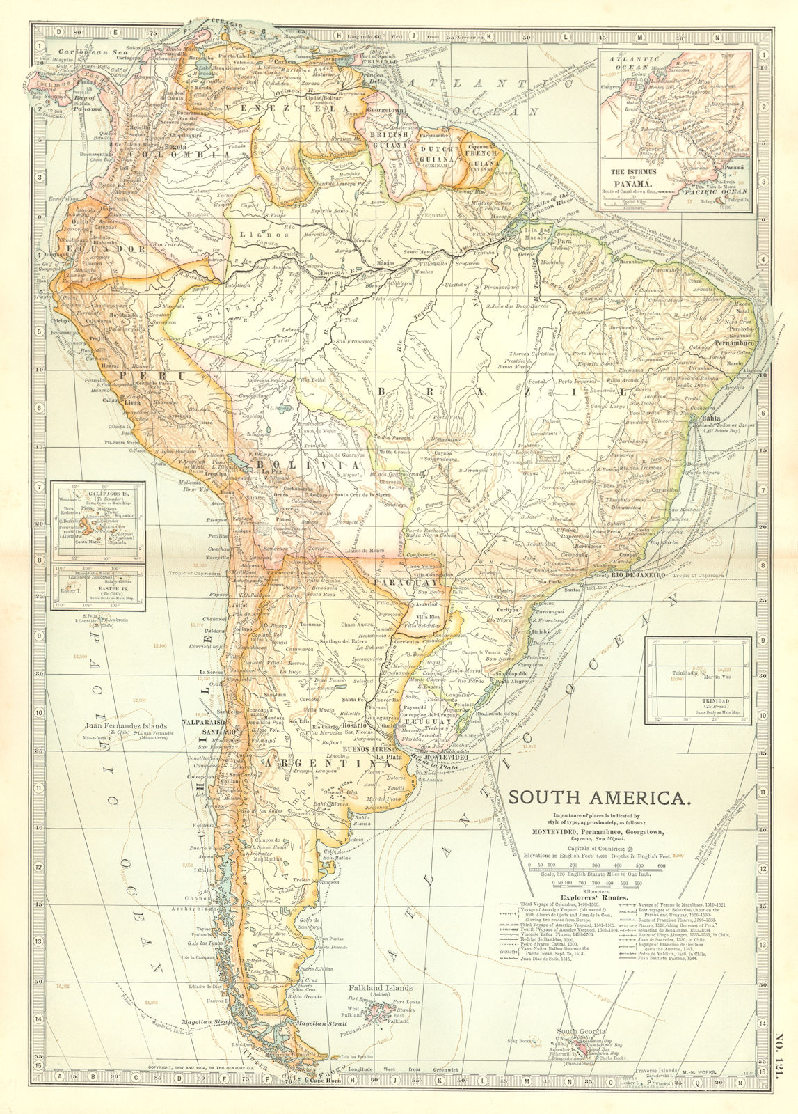 SOUTH AMERICA. Shows explorers routes.Columbus Vespucci Cabot Cabral+ 1903 map