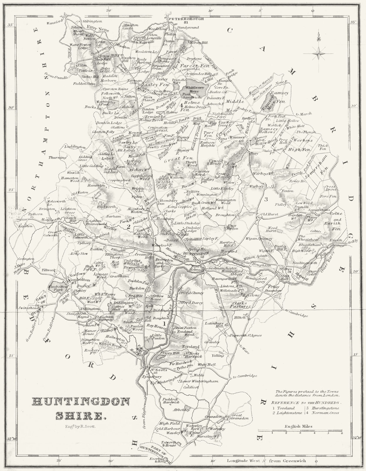 HUNTS. Huntingdonshire. Fullarton 1834 old antique vintage map plan chart