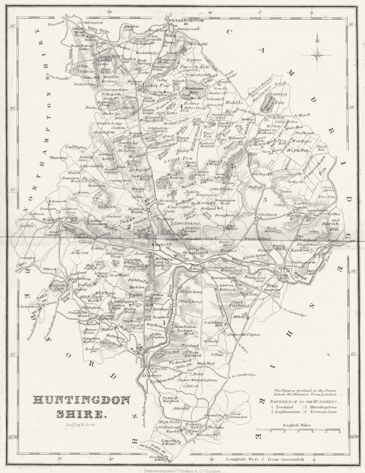 HUNTS. Huntingdonshire. Fullarton 1844 old antique vintage map plan chart