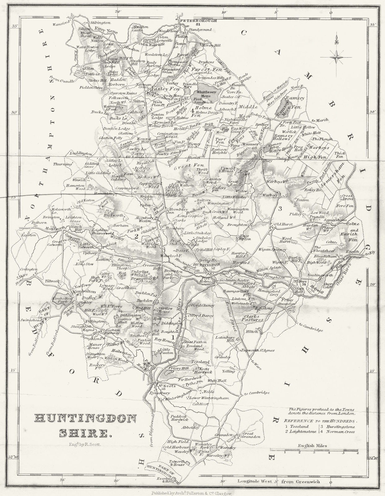 HUNTS. Huntingdonshire. Fullarton 1844 old antique vintage map plan chart