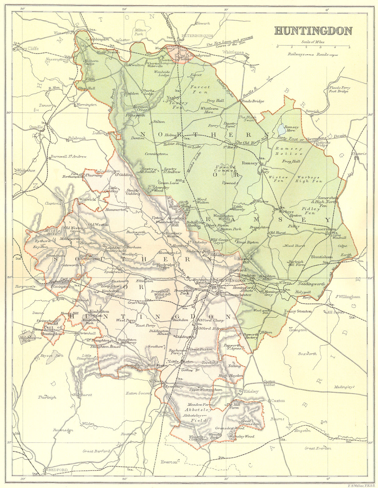 HUNTS. Huntingdon. Brabner Weller 1895 old antique vintage map plan chart