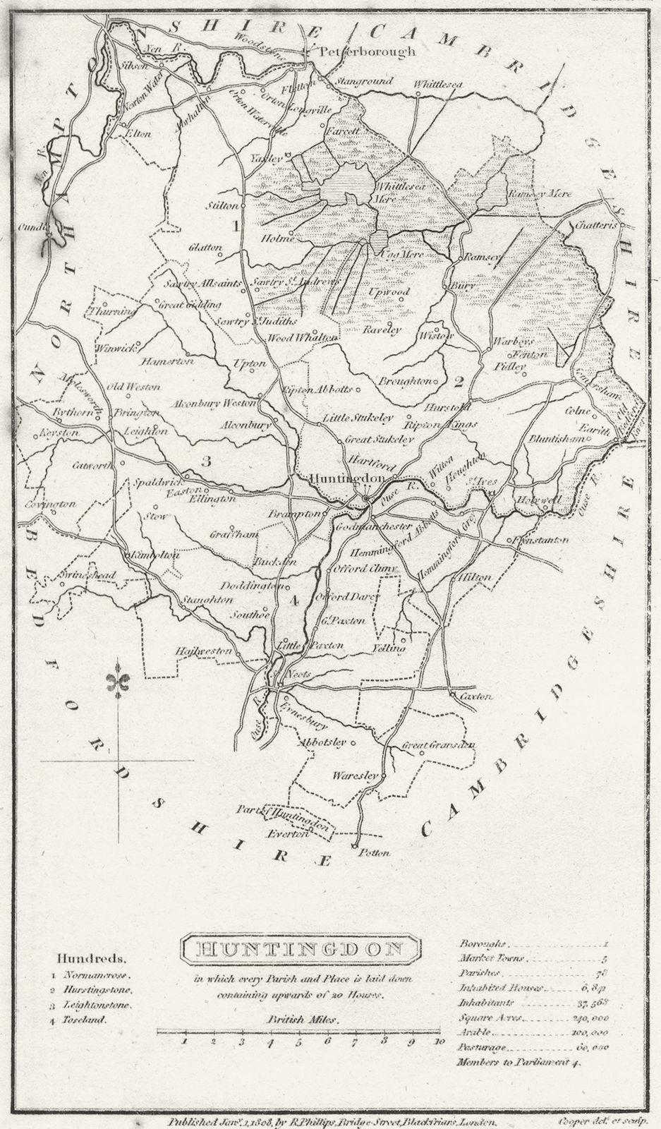 HUNTS. Huntingdon. Capper. Uncommon 1808 old antique vintage map plan chart