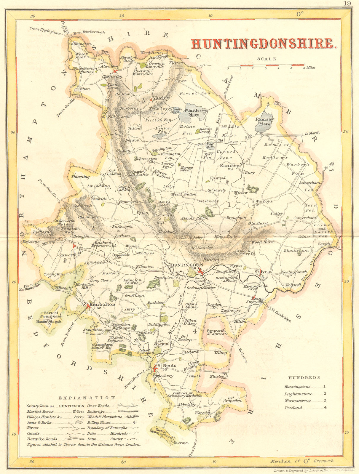 HUNTS. Huntingdonshire. Archer Dugdale c1840 old antique map plan chart
