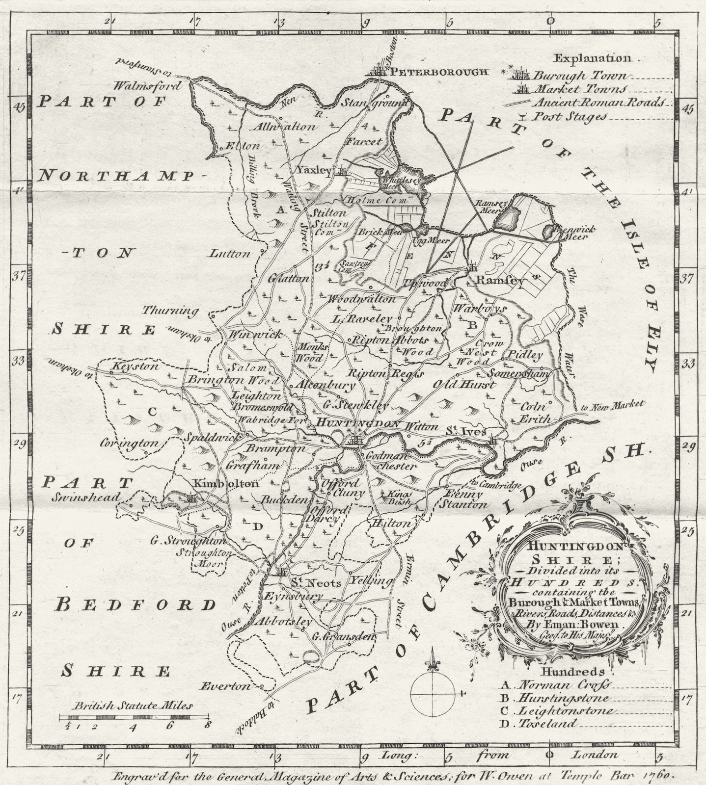 HUNTS. Huntingdonshire ; Eman Bowen 1749 old antique vintage map plan chart