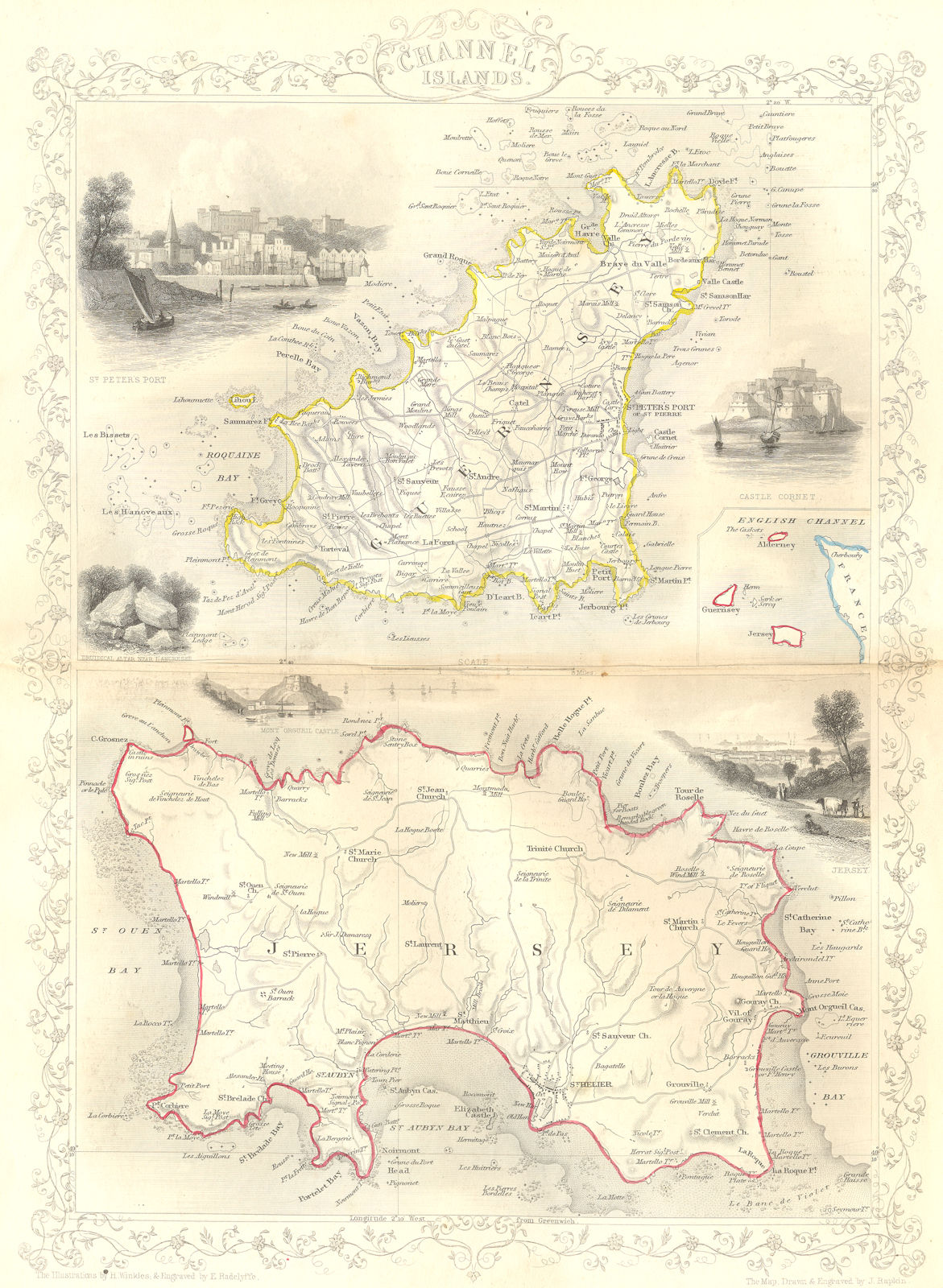 Associate Product CHANNEL ISLES. Tallis Jersey Guernsey 1855 old antique vintage map plan chart
