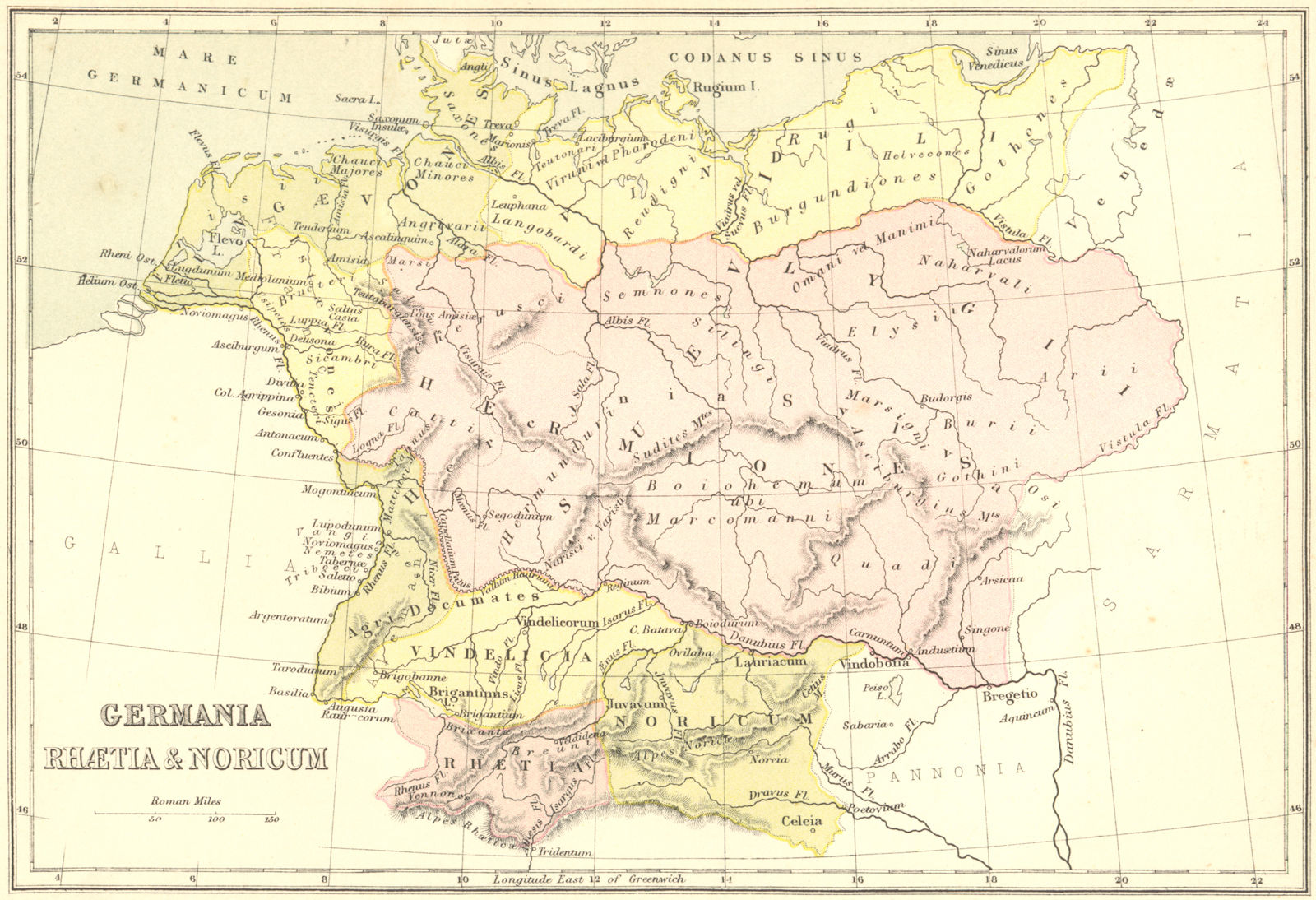 GERMANY. Germania Rhaetia & Noricum. Collins 1870 old antique map plan chart