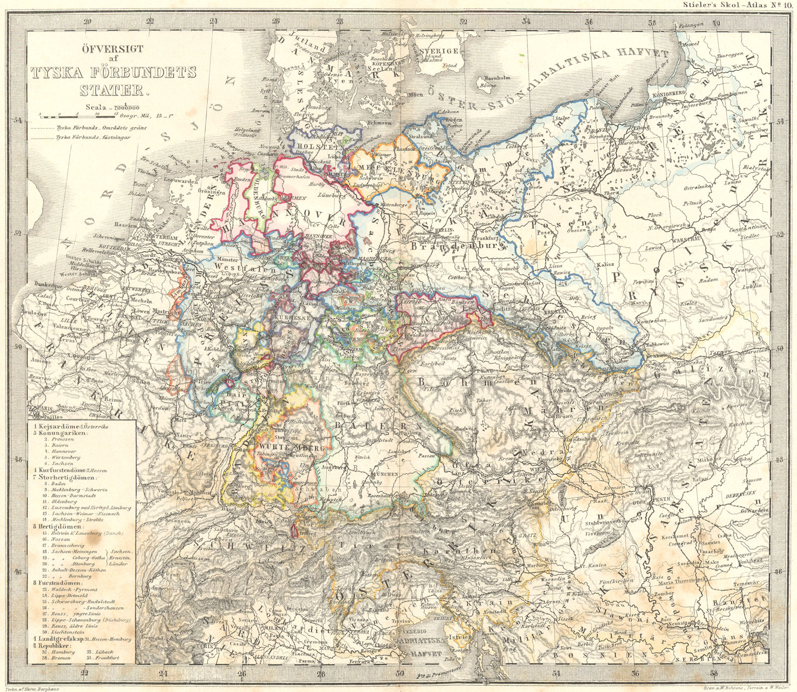GERMANY. Tyska Forbundets Stater. Stieler 1861 old antique map plan chart