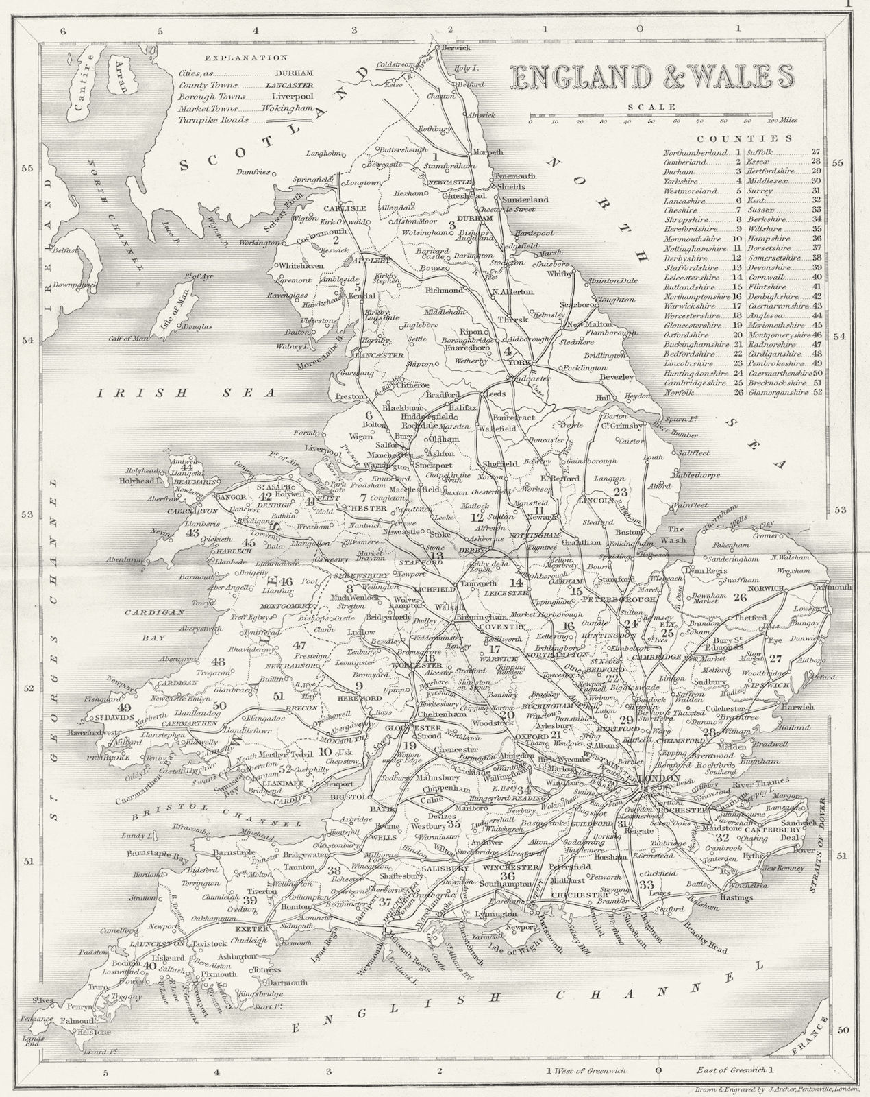 Associate Product ENGLAND & WALES. Antique map showing main roads. ARCHER/DUGDALE c1840 old