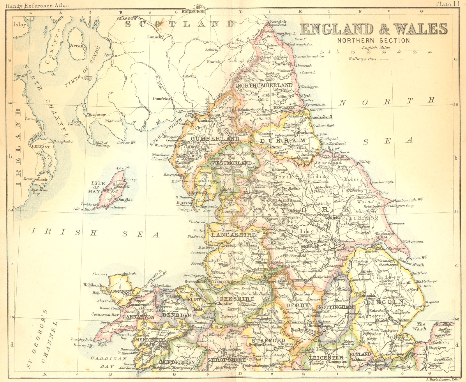 ENGLAND WALES. North. Bartholomew Walker 1888 old antique map plan chart