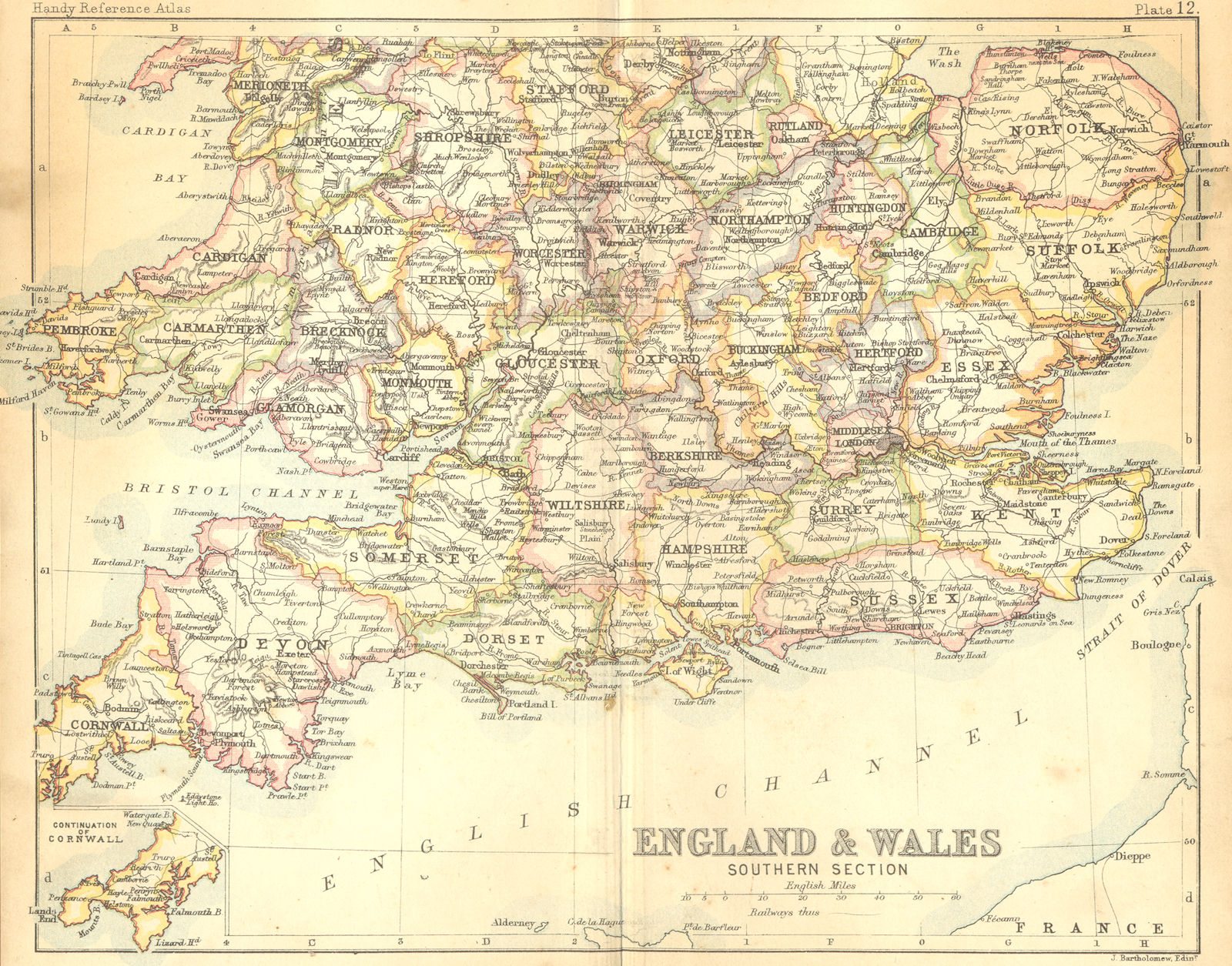 ENGLAND WALES. South. Bartholomew Walker 1888 old antique map plan chart