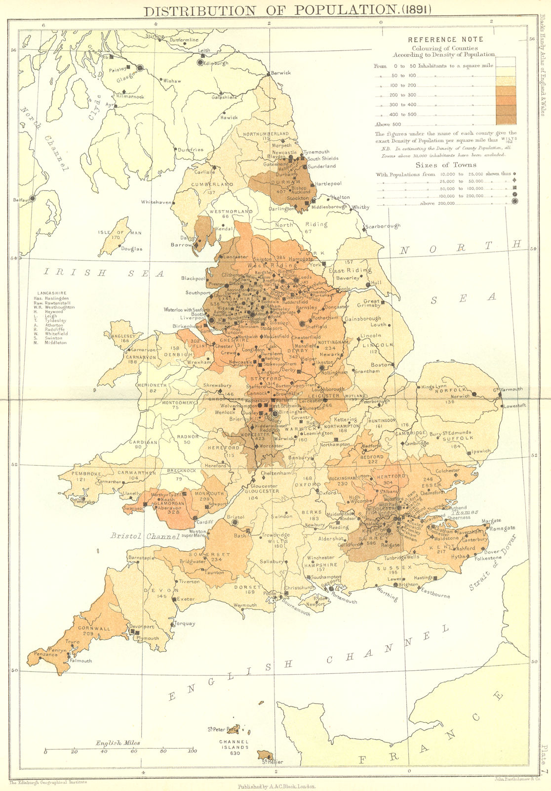 UK. Population(1891). England Wales Black 1892 old antique map plan chart