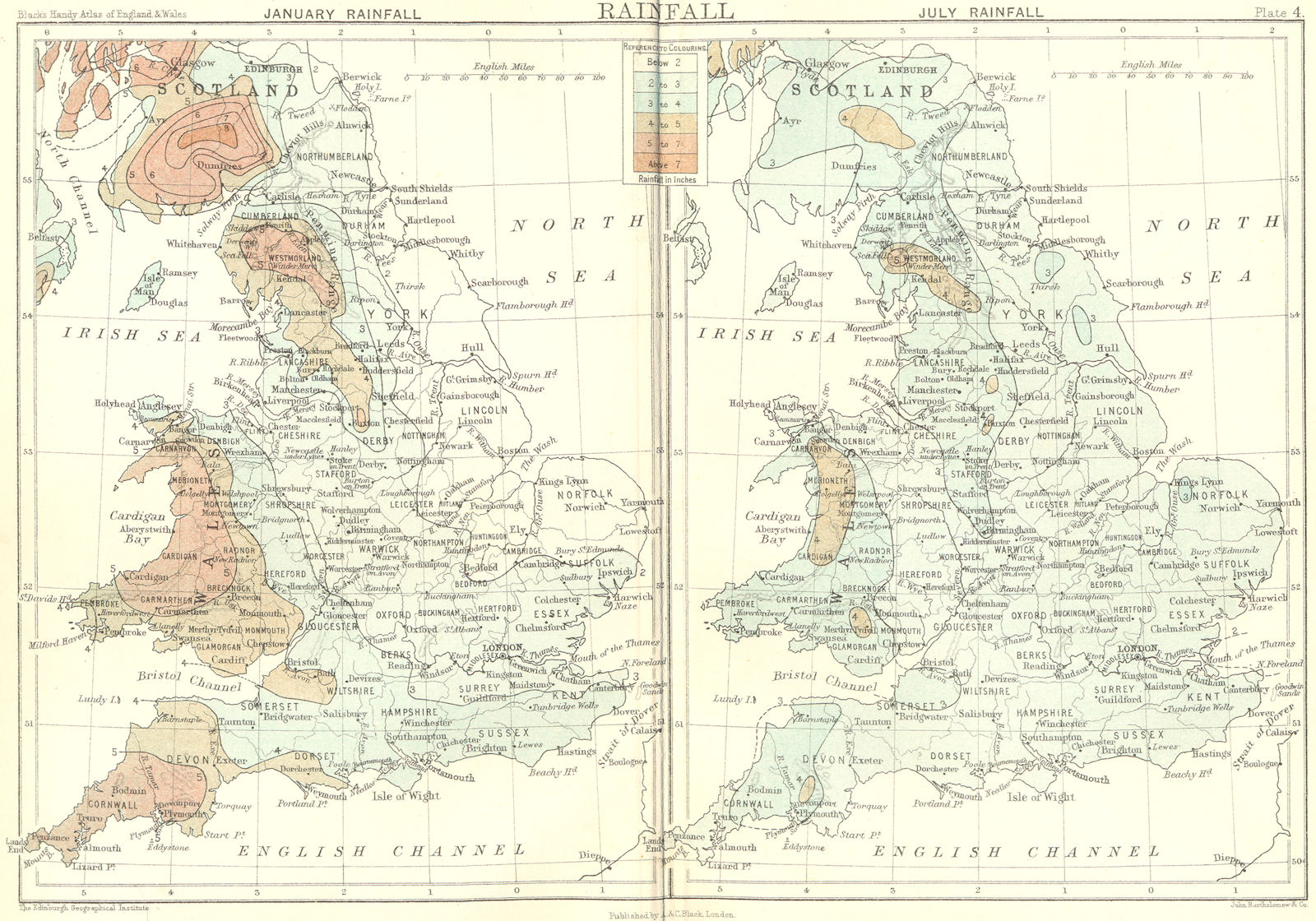 UK. Rainfall. England Wales. Black 1892 old antique vintage map plan chart