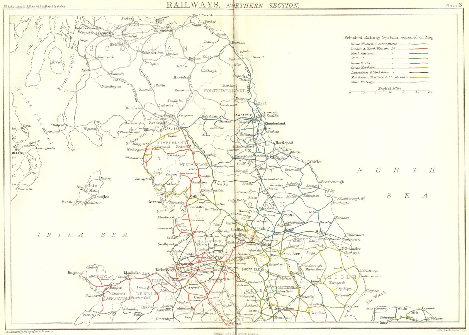 UK. Railways, North. England Wales. Black 1892 old antique map plan chart