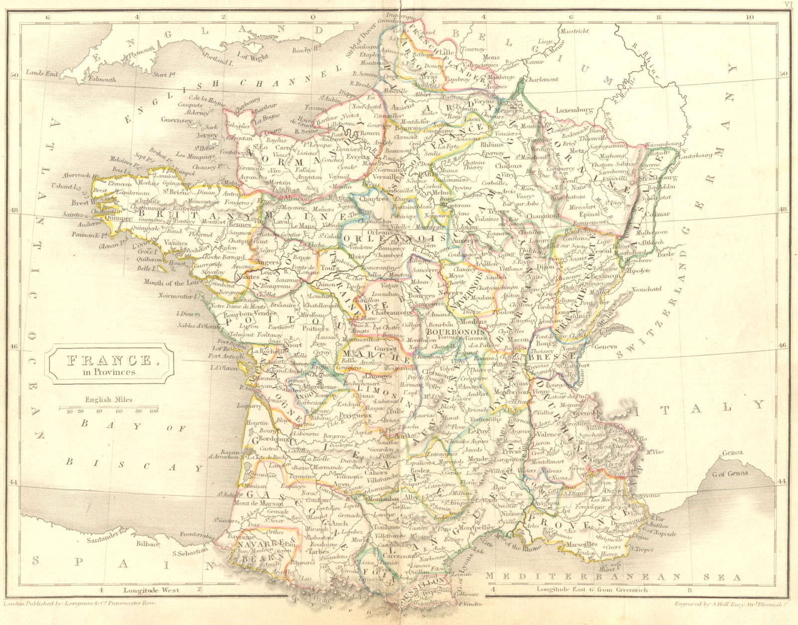 FRANCE. Provinces. Butler Hall 1844 old antique vintage map plan chart