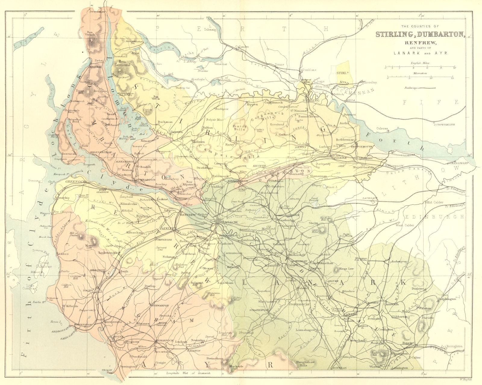 SCOTLAND. Stirling, Dumbarton, Lanark, Ayr. Virtue 1868 old antique map chart