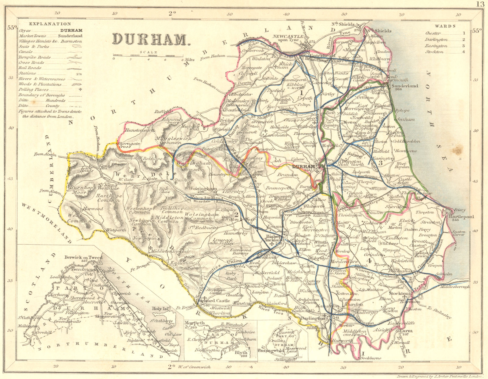 DURHAM. Archer Dugdale c1840 old antique vintage map plan chart