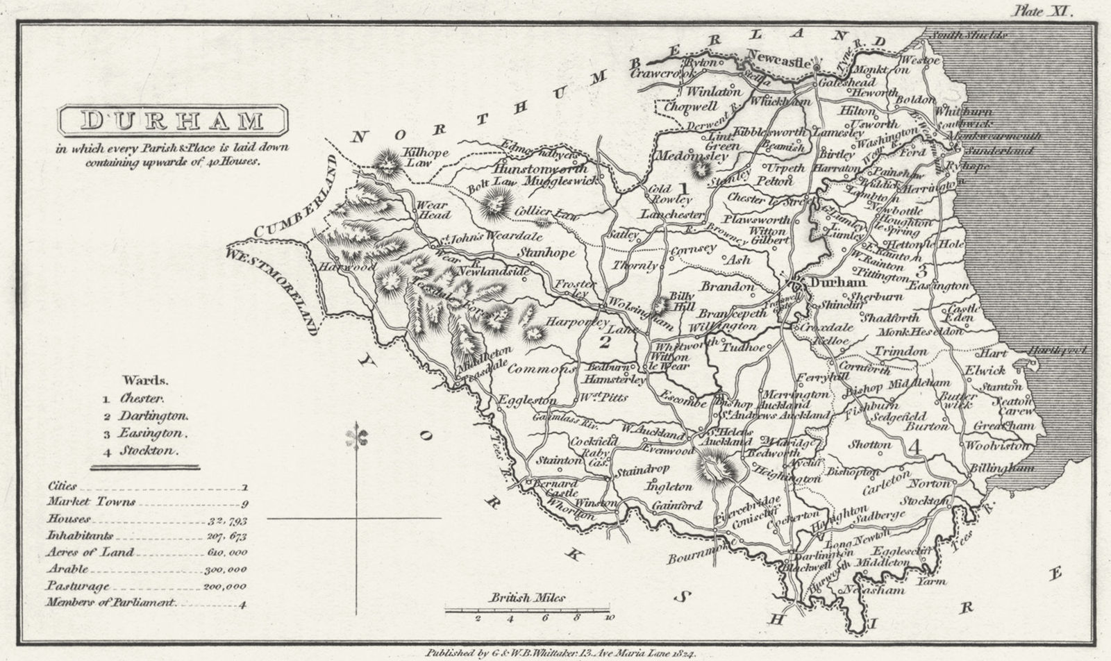 DURHAM. Capper Uncommon 1839 old antique vintage map plan chart