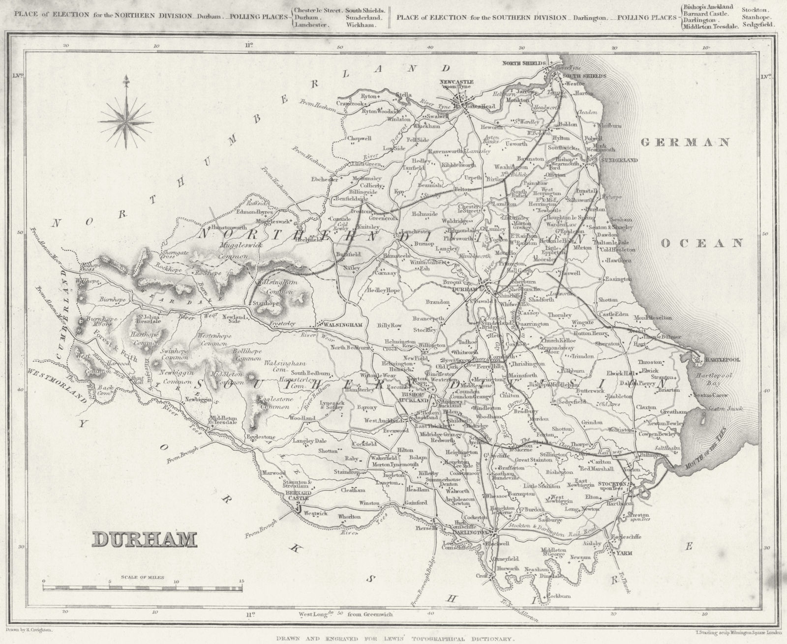 DURHAM. Lewis 1835 old antique vintage map plan chart