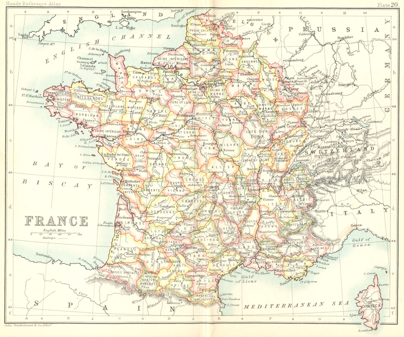 FRANCE. Walker Bartholomew 1896 old antique vintage map plan chart