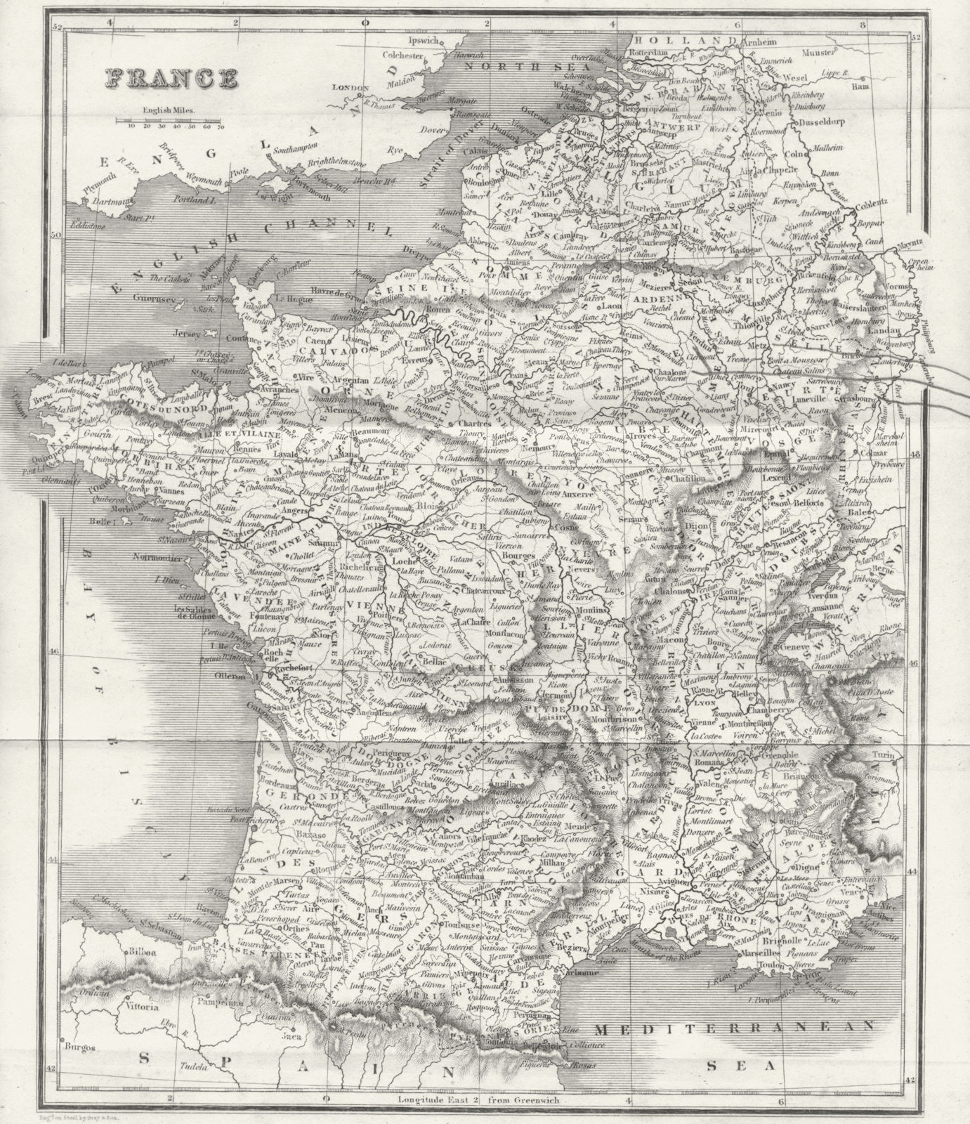 FRANCE. BELL  1839 old antique vintage map plan chart
