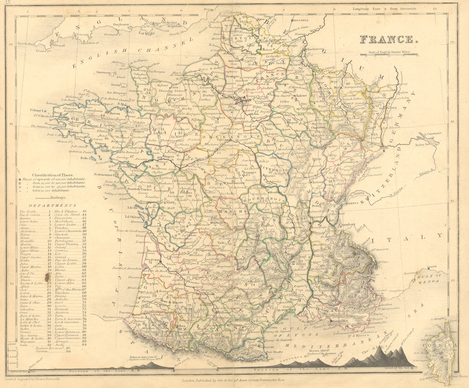 FRANCE. Dower Orr Mountains 1840 old antique vintage map plan chart