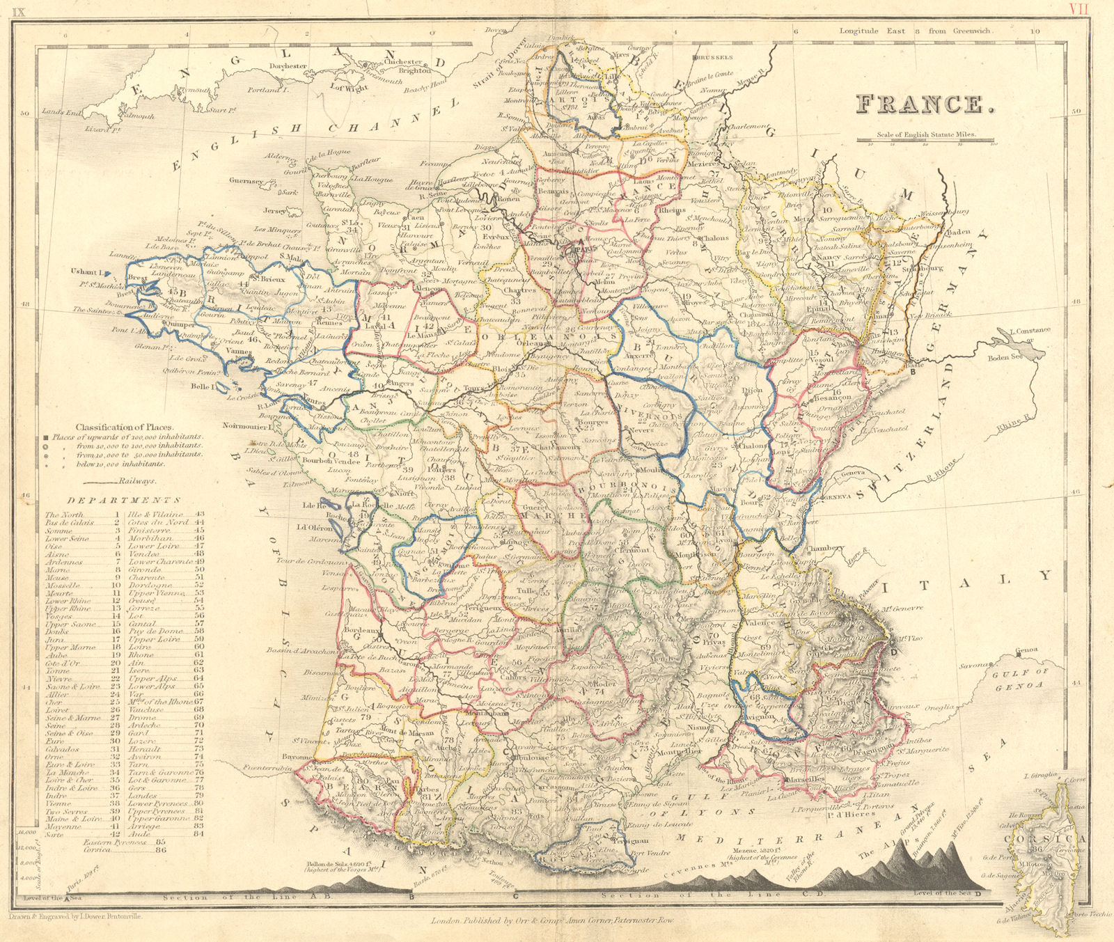 FRANCE. Dower. Mountains 1850 old antique vintage map plan chart