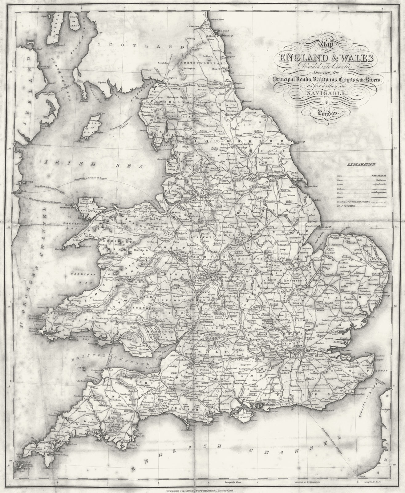 ENGLAND WALES. Roads, rail, canals, rivers. Lewis 1831 old antique map chart