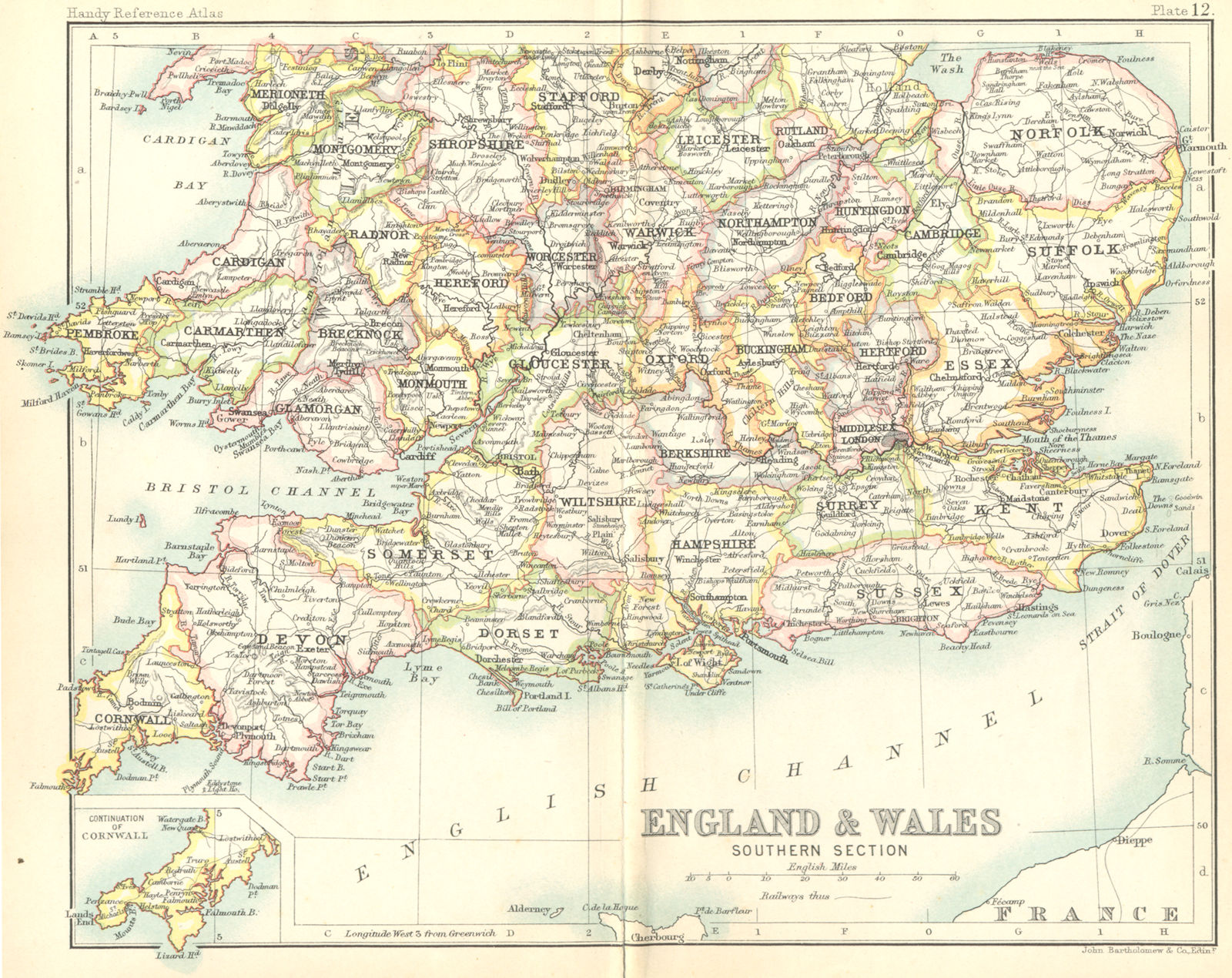 ENGLAND WALES. South. Walker Bartholomew 1896 old antique map plan chart