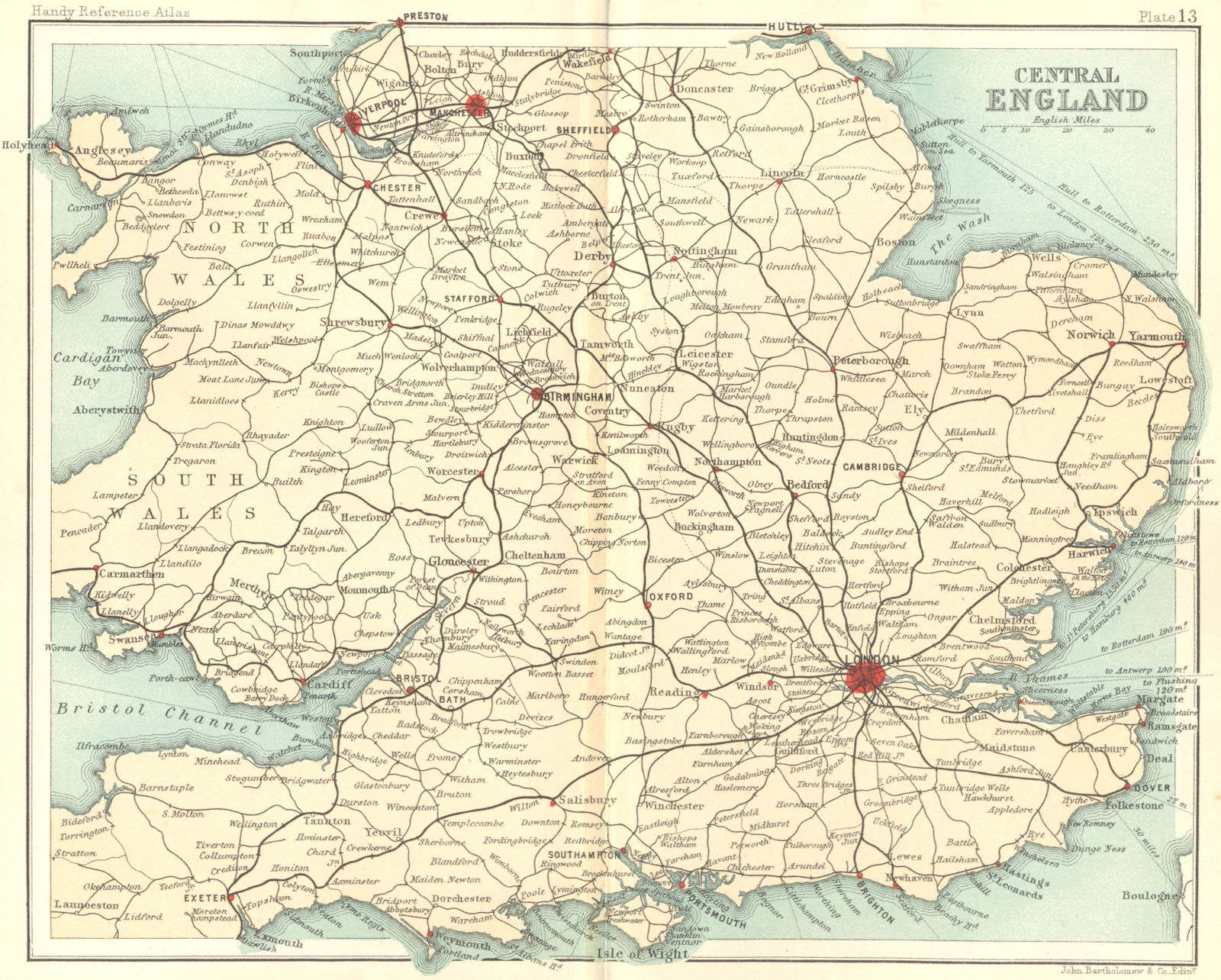 UK. Central England. Walker Bartholomew 1896 old antique map plan chart