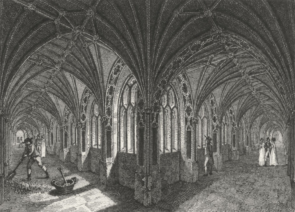 WORCS. Cloisters, Worcester Cathedral c1812 old antique vintage print picture