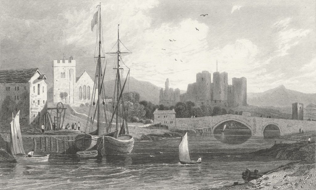 RHUDDLAN. Castle, Flintshire. Flint. Boats & bridge 1831 old antique print